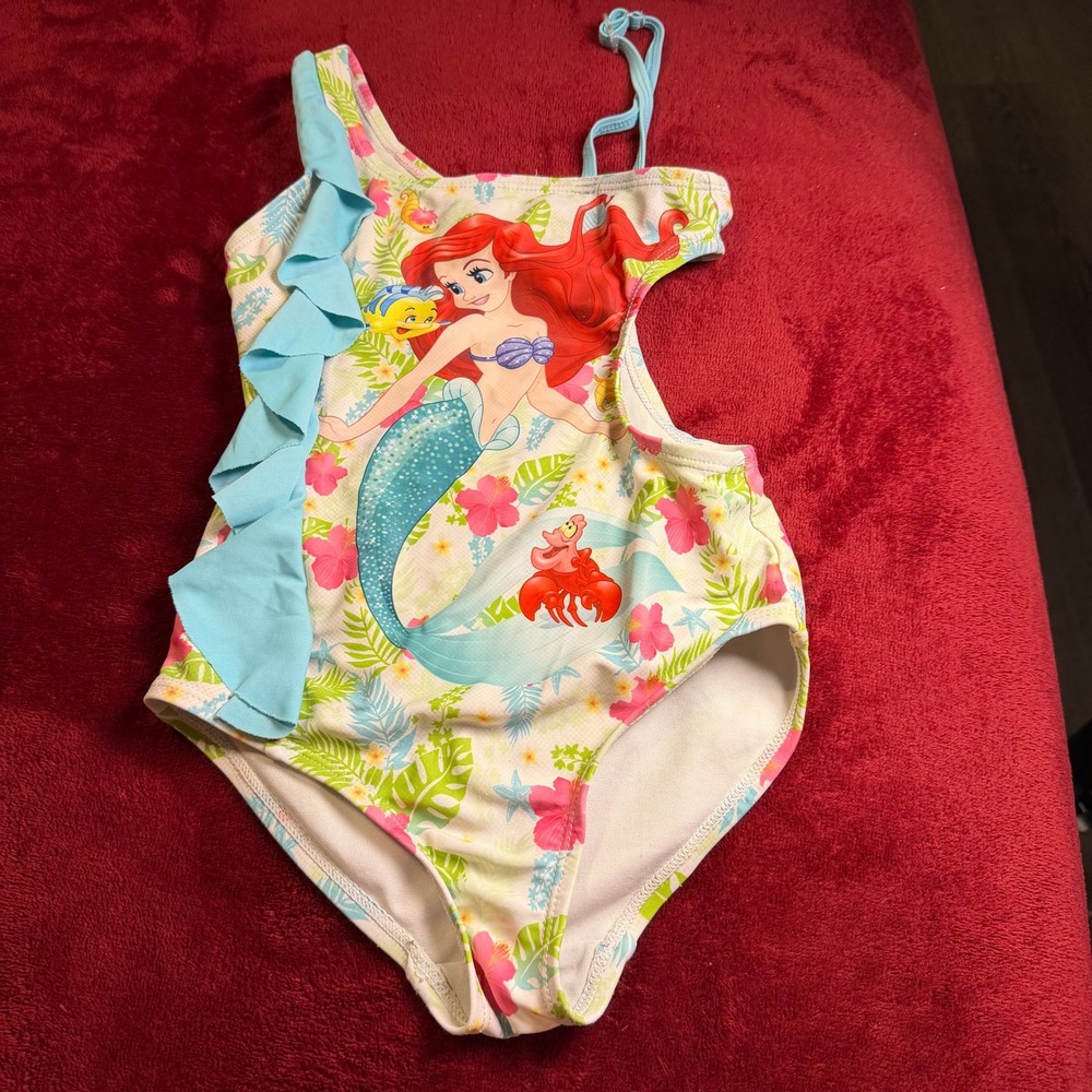 Disney Store Little Mermaid Ariel Ruffle One Piece Swimsuit Girls 5/6 White Pink